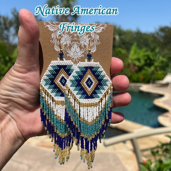 Handmade Beaded Native American Style Long & Large Fringe Dangle Drop Earrings - Picture 9 of 9